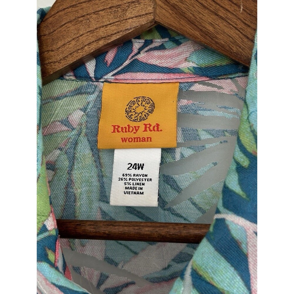 Ruby Rd Womens 24W Plus Size Sheer Tropical Leaf Print Button Up Shirt Colorful - Picture 4 of 10
